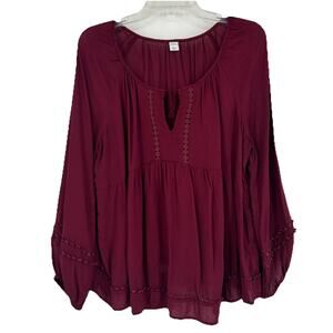 Old Navy Boho Peasant Babydoll Top Maroon Long Balloon Sleeve Split Neck Size L